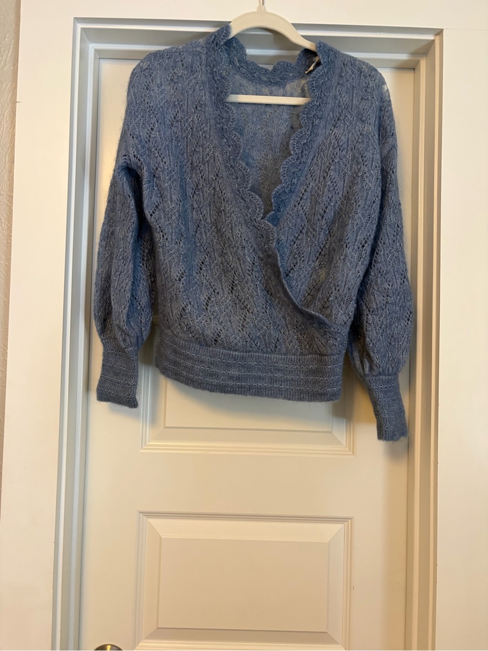 Sézane Dusty Blue Scallop-Edge V-Neck Wrap Sweater
